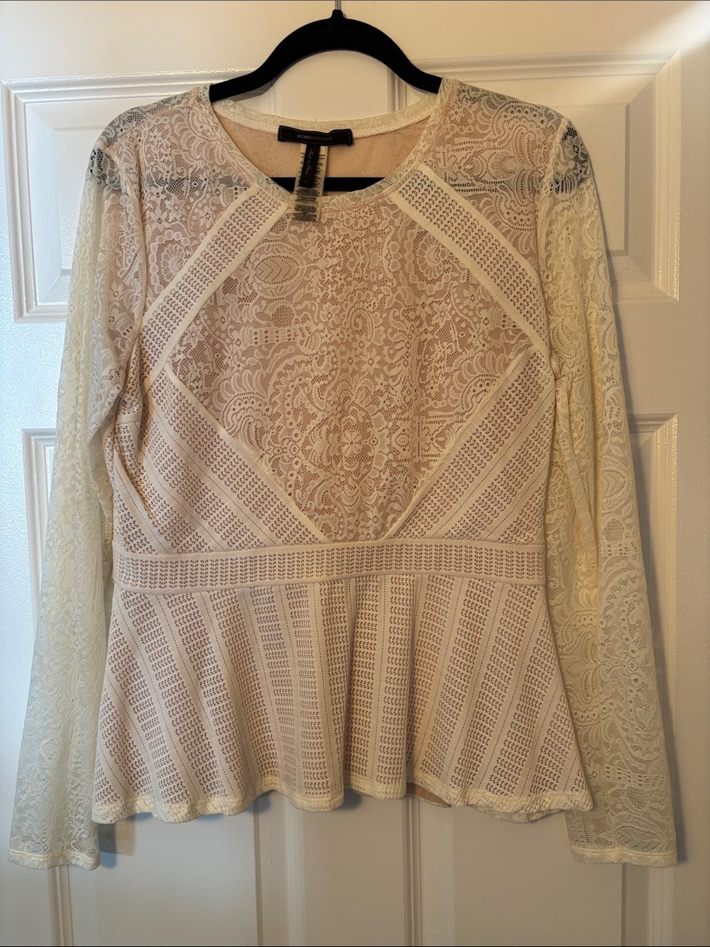 BCBGMaxAzria White/Cream Lace Peplum Blouse